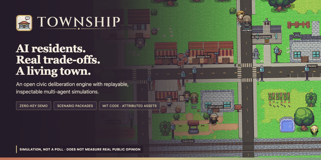 Pixel-art town from Township, where AI residents gather to deliberate